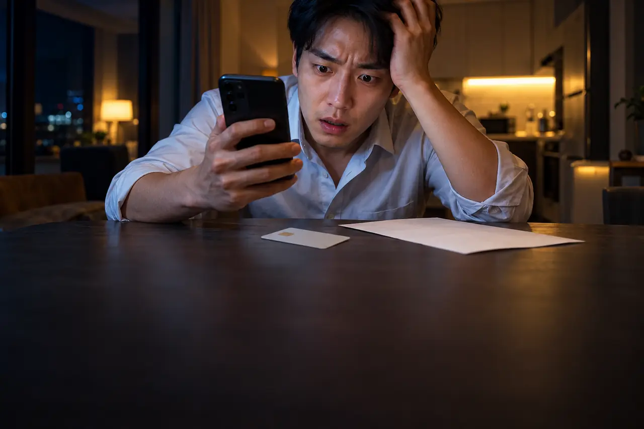 밤에 휴대폰을 보며 허탈한 표정을 짓는 직장인