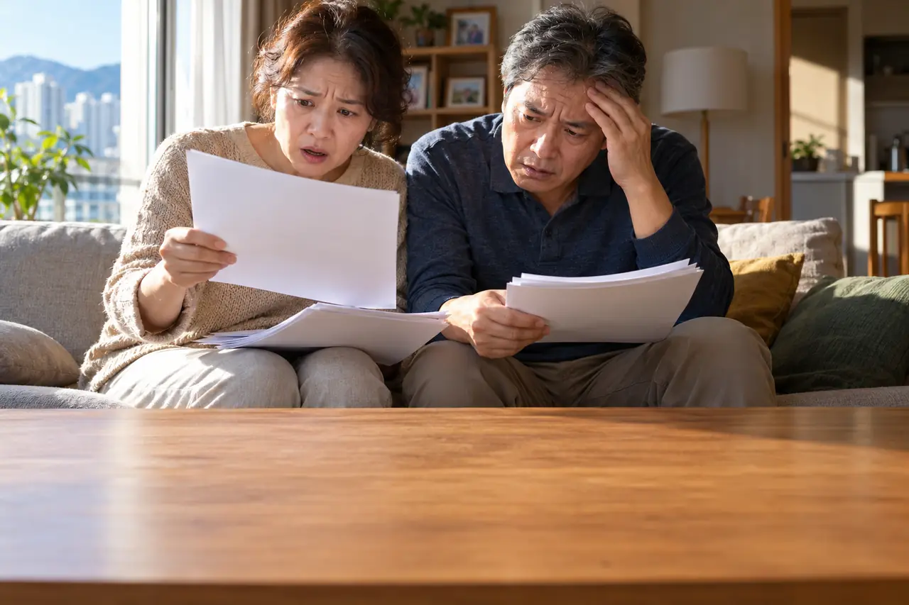 거실 소파에서 집 관련 서류를 함께 보며 당황한 50대 부부