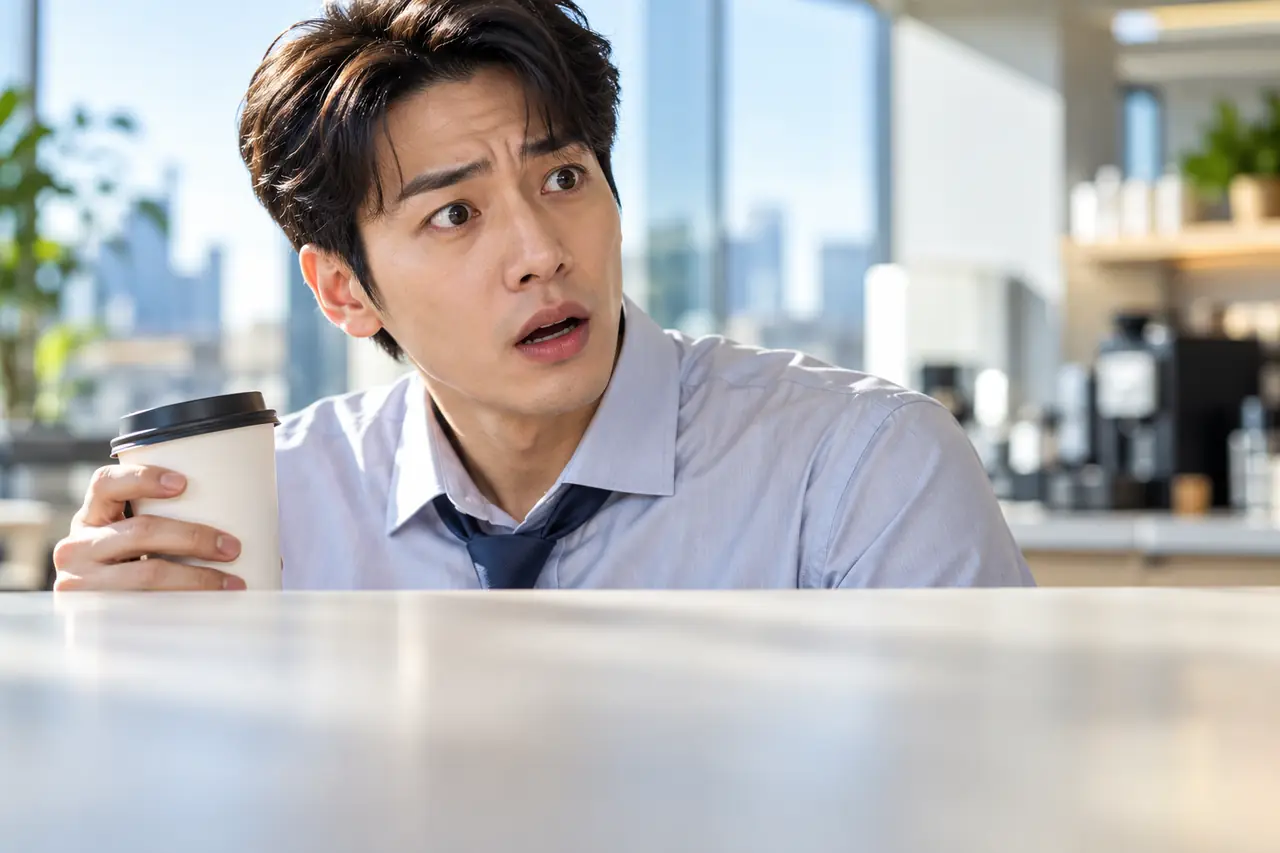 점심시간 사무실에서 놀란 표정을 짓는 30대 직장인