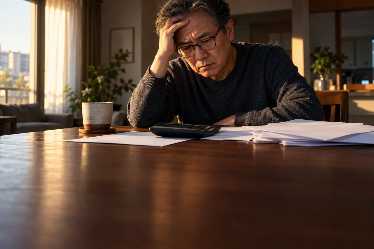 식탁에서 계산기와 서류를 보며 고민하는 60대 은퇴자