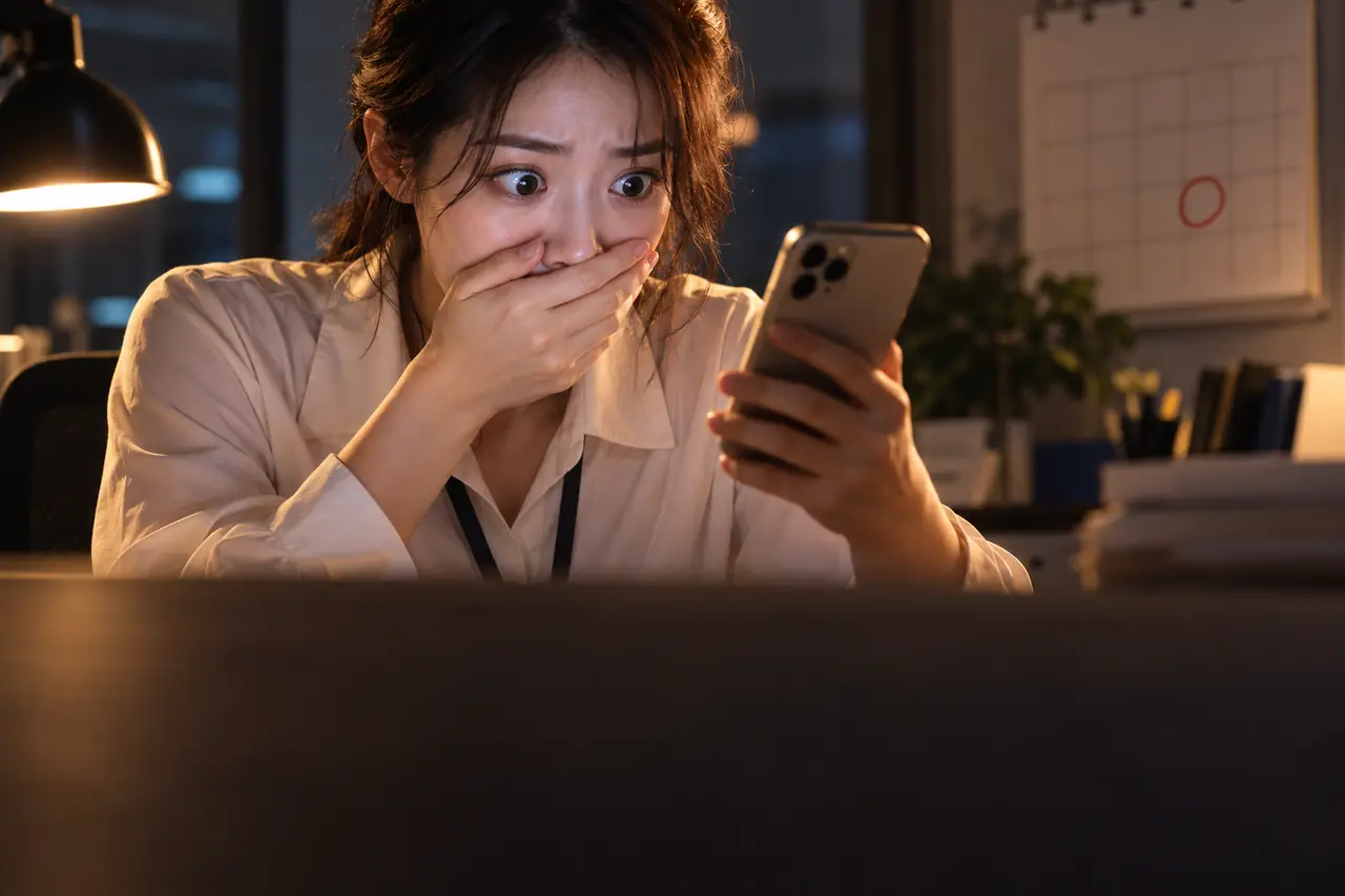 휴대폰을 보며 놀란 표정을 짓는 청년 직장인